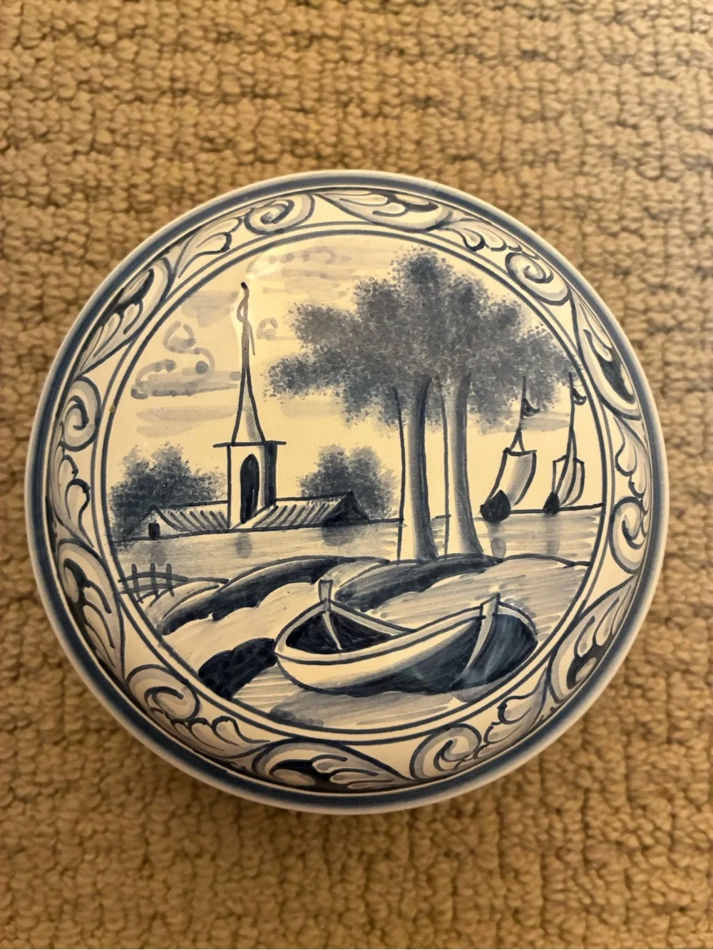 Blue Hand-Painted Coastal Scene Ceramic jar with lid made in Portugal